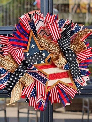  Patriottische krans voor de voordeur, decoraties voor het 250-jarig jubileum, decoraties voor 4 juli buiten, handgemaakte kransen voor Memorial Day, krans met Amerikaanse vlag voor festivalvieringen