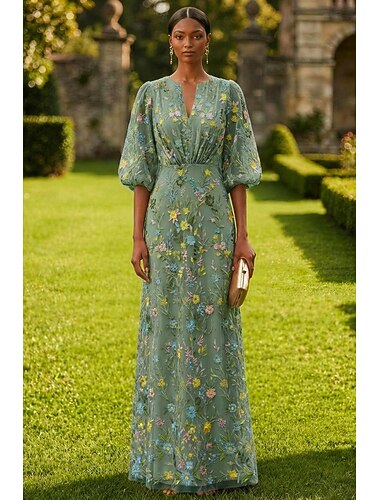  A-linje Klänningar Golvlång Festklänning Cocktail klänning Klänning till brudens mor 3/4 ärm V-hals Elegant Vintage Lyxig Formell Bröllopsgäst Kentucky Derby Chiffong Tyll med Blomtryck Broderad