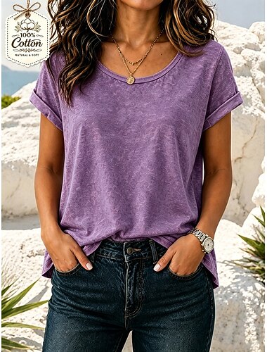  بلوزة نسائية من Softfade™ بتصميم كلاسيكي مريح، مزينة بنسيج محبب، بأكمام قصيرة وياقة دائرية، باللونين البنفسجي والبرتقالي، مناسبة لفصلي الصيف والربيع.