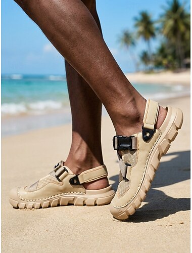  Sandali da pescatore da uomo beige, leggeri, regolabili e comodi, ideali per vacanze al mare, soggiorni in resort, passeggiate in riva al mare e tempo libero estivo.