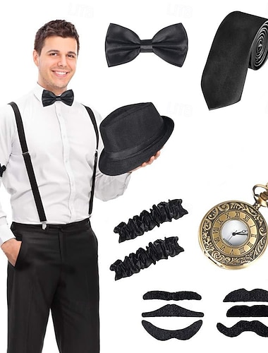  Vintage Anni Ruggenti Anni 1920 Cappello Panama Set di accessori Il grande Gatsby Costume Per uomo Mascherata Addio al Nubilato Festival Adulti Fiocco Cappello Bretelle