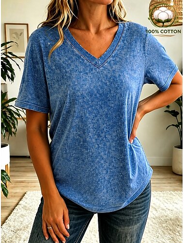  Softfade™ dames T-shirt, 100% katoen, shirt, top, geplooid, effen kleur, vintage, modieus, stijlvol, korte mouwen, V-hals, crop top, casual, dagelijks, uitgaan, blauw, zwart, paars, oranje, zomer, lente