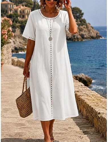  Damskie Sukienka midi Sztuczna bawełna len Koronkowa sukienka Letnie sukienki Elegancja Moda Plaża Urlop Święto Regularny Równina Krótki rękaw Półgolf Biały Rumiany róż Zielony Jasnoniebieski Lato