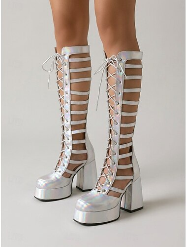  Silberne holografische Gladiator-Plateau-Stiefel für Damen – ein echter Hingucker für Partys und Clubs.
