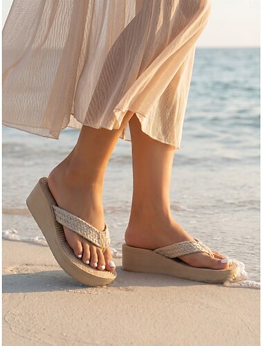  Damen-Flip-Flops aus Stroh mit Plateausohle – sommerliche Keilsandalen im Boho-Stil mit geflochtenen Riemen, ideal für Strandurlaub und Resort-Aktivitäten. &gemütliches Spazierengehen im Freien