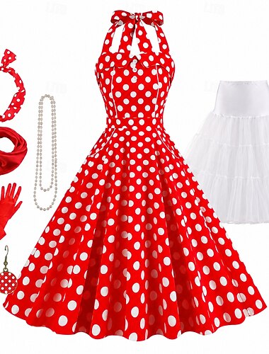  Conjunto Anos 50 Retro Vintage Rockabilly Longuette Anágua Vestido swing Conjunto de acessórios com acessórios Bolinhas Justo & Evasê Fantasia Mulheres Baile de Máscaras Festival de Música Festa de