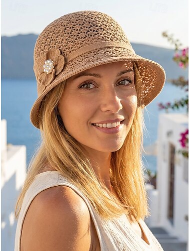  Ademende, opvouwbare polyester bucket hat voor dames – zomerzonnehoed met decoratieve bloem en parel, meerkleurig, elegant voor buiten, tuin, strand en vakantie.