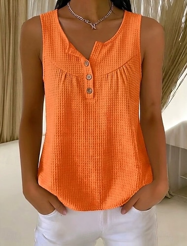  Dames Wafel Shirt Effen Kleur Elegant Vintage Dagelijks Mouwloos V-hals Normale tops Zwart Wit Paars Oranje Groen Zomer Lente