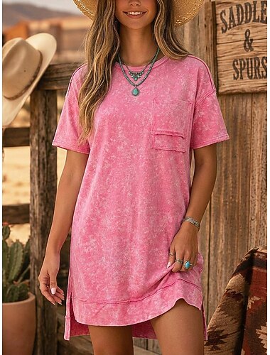  abito t-shirt da donna 100% cotone abito western abito boho mini abito basic classico quotidiano weekend vestibilità ampia tinta unita manica corta girocollo rosa estate primavera