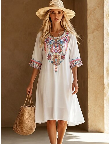  San Valentino Per donna Abito Midi Abito Boho Abito in cotone Classico Quotidiano Vacanza Vestibilità comoda Floreale Mezza Manica Girocollo Bianco Estate