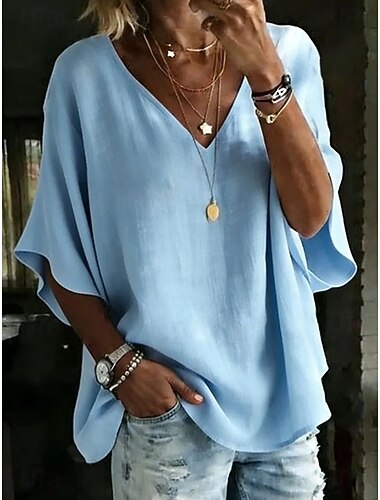  Dames Overhemd Effen Kleur Effen Elegant Bohemen Vakantie Korte mouw V-hals Lange tops Casual Wit Blozend Roze Hemelsblauw Oranje Zomer Lente