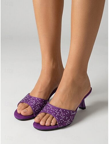  Paarse muiltjes met hoge hakken voor dames - open teensandalen met strasssteentjes voor cocktailparty's en avondevenementen