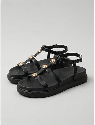  Sandali gladiatore neri da donna comodi - sandali slingback con cinturino a T e borchie dorate, comodi per tutto il giorno, con suola antiscivolo imbottita per camminare e viaggiare &abbigliamento