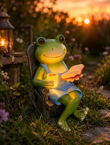  Estátua de sapo para jardim com energia solar e cadeira – luminária de leitura em resina à prova d'água, para gramado. &Luminária decorativa para pátio, jardim, caminho, canteiro de flores, festa de