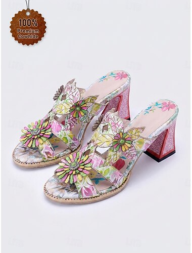  Sandali da donna boho in vera pelle - mules con stampa floreale e intagli, tacco grosso glitterato, perfetti per vacanze su isole e resort al mare. &vacanze estive