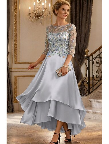  A-linje Asymmetrisk Cocktail klänning Bröllopsgästklänning Klänning till brudens mor 3/4 ärm Båthals Elegant Enkel Formell Bröllopsgäst Formell kväll Satäng med Bård Paljett Applikationsbroderi