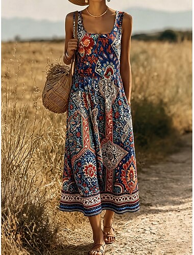  Per donna Abito Midi Vestito Estivo Abito a trapezio Abito a spalle scoperte Vacanza Casual Boho Spiaggia Data Vestibilità regolare Grafico Paisley Tribale Senza Maniche Collo a U Blu Cammello