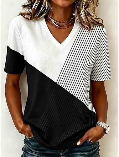  Mujer Camiseta Estampado A Rayas Elegante Casual Manga Corta Escote en Pico Tops largos Diario Café y blanco Negro y blanco Rosa polvorienta Gris Verano Primavera Otoño Invierno
