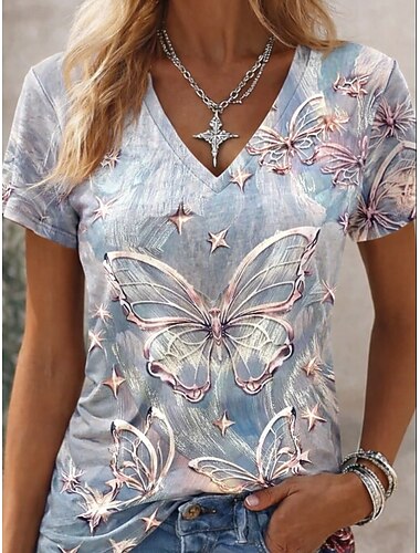  Dames T-shirt Kleurenblok Afdrukken Grafisch dier Abstract Vintage Stijlvol Klassiek Korte mouw V-hals Normale tops Casual Dagelijks Weekend Zilver Licht Paars Paars Zomer Lente Herfst Winter