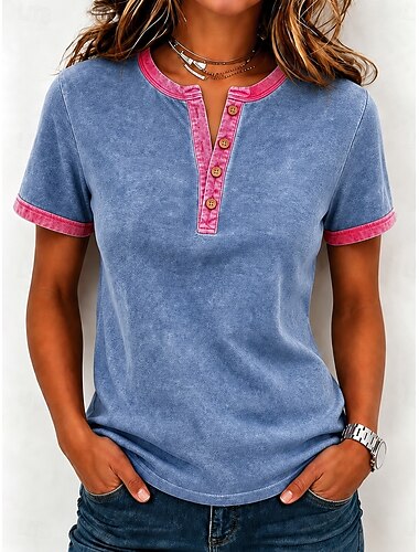  نسائي قطن مغسول 100% Cotton بقع Buttons عتيق كم قصير رقبة عالية مدورة قمصان عادية أزرق وردي بلاشيهغ الصيف الربيع