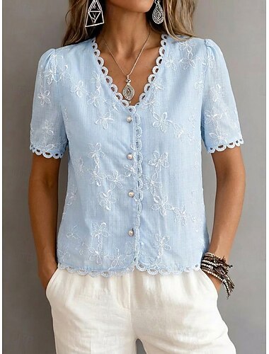  Damen Bluse Chiffon Tops Spitzentops Bestickt Blumen Stilvoll Modern Kurzarm V Ausschnitt Normale Oberteile Täglich Strand Ferien Blau Sommer Frühling