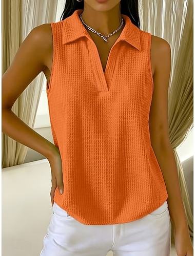 Dames Wafel Shirt Effen Kleur Elegant Actief Vakantie Mouwloos Halve mouw V-hals Lange tops Dagelijks Buiten Streetwear Wit Oranje Groen Zomer Lente Herfst
