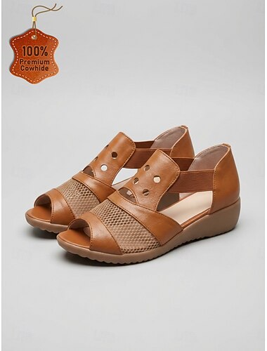  Sandali da donna marroni in vera pelle con punta aperta – scarpe comode da passeggio traspiranti in mesh con supporto elastico per viaggi e commissioni &abbigliamento quotidiano