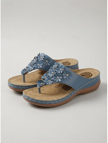  Damesandaler med gyldne blomstermotiver – sandaler med 3D-blomstertå og massasjesåle, polstrede sommersandaler med støtte for reiser og turgåing &daglig bruk