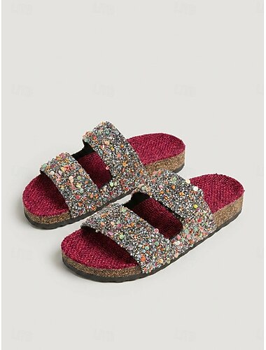  Damesblauwe, wijde glitter slippers - sprankelende slippers met twee bandjes en een voorgevormd voetbed, ideaal voor platte voeten en op reis. &kleding die de hele dag gedragen kan worden