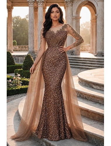  Meerjungfrauenschnitt Bodenlang Abendkleid Ballkleid mit Überrock Festliche Kleidung Elegant Langarm Rundhalsausschnitt Abschlussball Abendgesellschaft Tüll mit Paillette