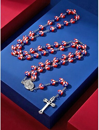  Damesketting met kruisje in de vorm van de Amerikaanse vlag - patriottische lange kettinghanger met rode, witte en blauwe kralen voor de 250e verjaardag van Amerika, Onafhankelijkheidsdag en