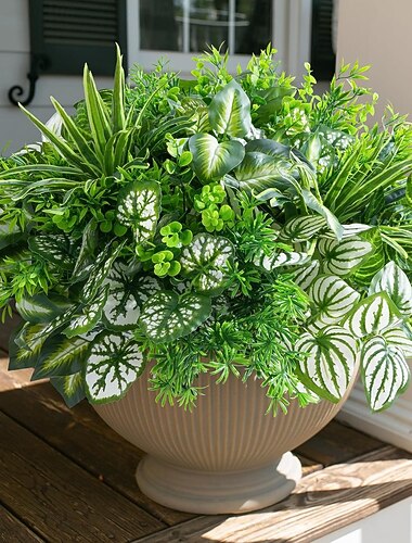  20 pezzi di mazzi di piante artificiali, foglie finte in plastica con steli, resistenti ai raggi UV, piante finte per esterni, cespugli per patio, giardino, veranda, cortile.
