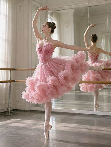  Dames Prinses Ballerina danseres Uitvoering Dansen Jurken Gelaagde Tutu Toga leuke Style Feest Tule Veer Grijs Zwart Wit Blozend Roze Kleding