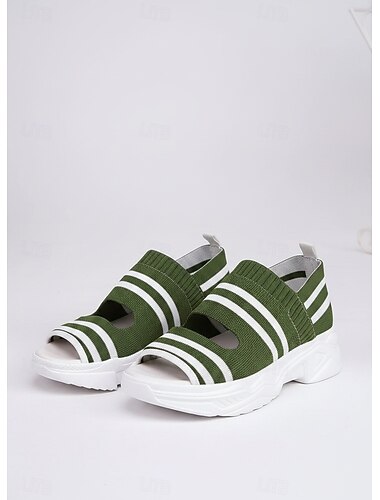  Sporty strikkede damesandaler med peep toe, kraftig hvit såle og stripete design, pustende platåsandaler for sommerturisme og avslappede antrekk.