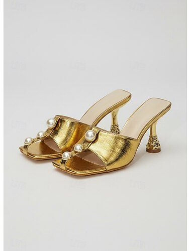  mules aperte in oro con dettagli in perle per donna: calzature eleganti con decorazioni uniche, ideali per feste e riunioni.