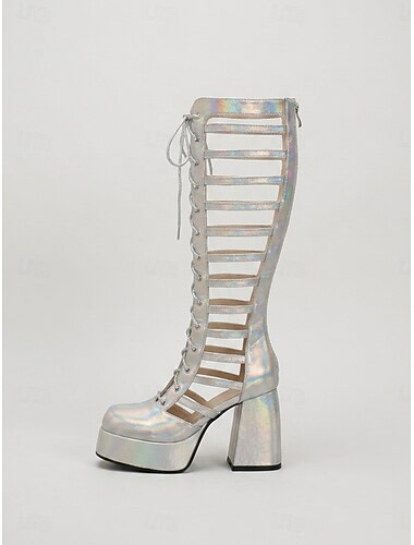  Dames zilverkleurige holografische gladiator platformlaarzen - opvallende schoenen voor het uitgaansleven, hoge hakken voor in de club