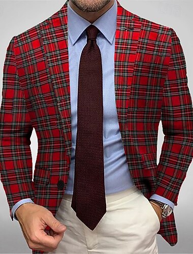  Herren Blazerjacke Sport Jacke Notch-Kragen Mode Karomuster Blazer Rote Standard Passform Einreihig Ein-Knopf