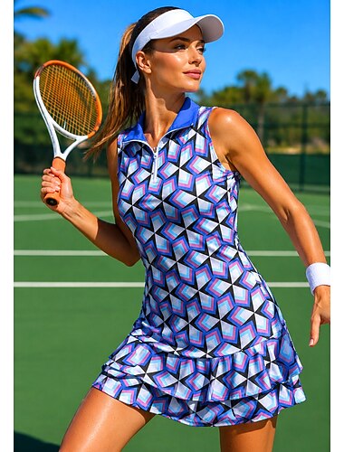  Dam Geometrisk Tennisklänning Sportklänning Tennispikéklänning Ärmlös Fjärdedels blixtlås Elastisk Svettavvisande Andningsfunktion Volleyboll Tennis Golf Krage Nedvikt Klänningar Rosa Mörklila Blå