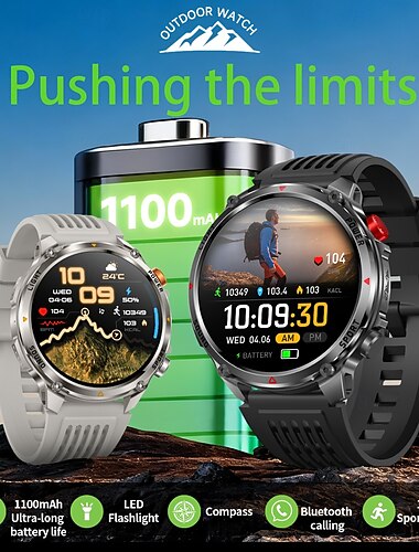  Robust smartklokke for menn med 1100 mAh ultralangt batteri, utendørs smartklokke med Bluetooth-samtale, LED-lommelykt, kompass, 100+ sportsmoduser, treningsmåler for Android iOS, 1,52" HD-skjerm