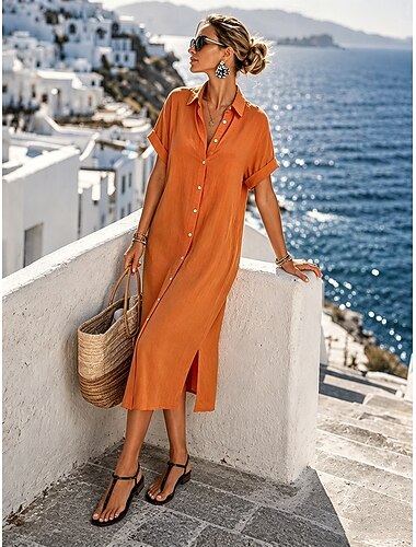  Damen Knielanges Kleid Baumwoll-Leinen-Kleider Vintage Täglich Urlaub Normale Passform Einfach Kurzarm Hemdkragen Weiß Orange Grün Sommer