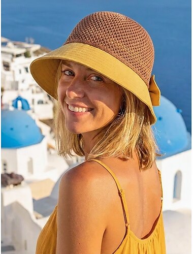  Cappello da sole da donna a tesa larga con fiocco, cappello estivo da spiaggia in rete di poliestere traspirante, cappello pieghevole con protezione UV per le vacanze, viaggi, feste in giardino,