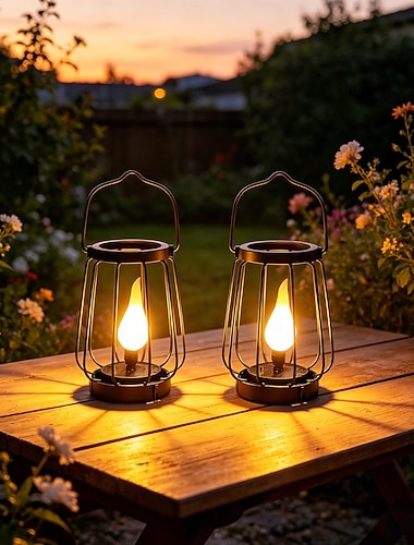  2 stk. solcelledrevne lanterner utendørs vanntette, hengende metalllykter med hul flammeeffekt og håndtak, solcelledrevne dekorative hagelys for terrasse/hage, gangsti, plen, festival/festdekor