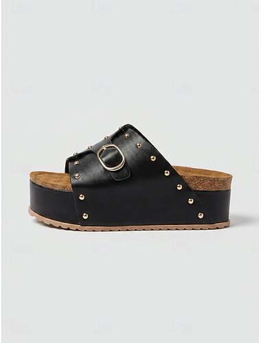  Zwarte damessandalen met studs en plateauzool, verstelbare gesp - open teensandalen met kurken voetbed en sleehak, comfortabele casual schoenen voor zomerse reizen &dagelijkse kleding