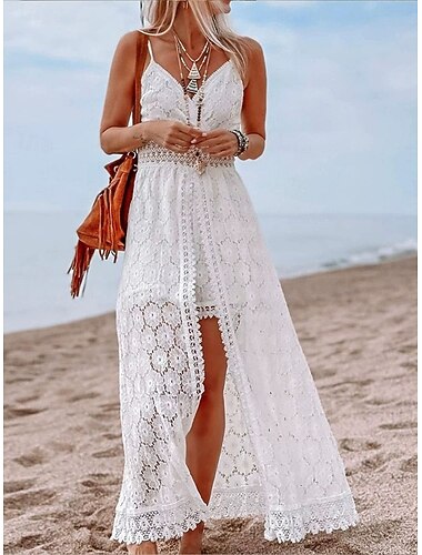  Damen Maxikleid Spitzenkleid Weißes Kleid Elegant Mode Strand Urlaub Ferien Normale Passform Blumen Ärmellos V Ausschnitt Weiß Sommer Frühling