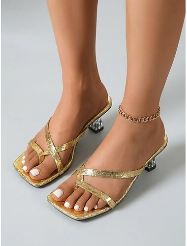  Escarpins dorés métallisés pour femme - sandales chics à bout carré et talon bloc transparent, avec bride entre-doigts, idéales pour une soirée ou un cocktail. &vêtements de villégiature de luxe