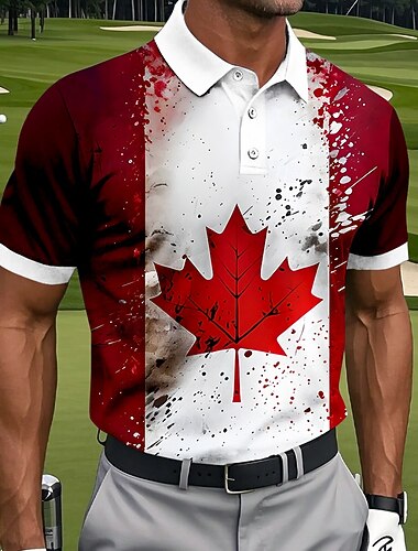  Homme Feuille Golf Polos de Sport Manche Courte Polos Revers Occasionnel Athleisure Tenue quotidienne Impression 3D Boutons Printemps & Été Rouge