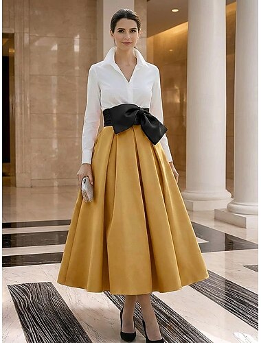  A-Linie Knöchellänge Tee-Länge Cocktailkleider Elegant Halbformelle Kleider Langarm V Ausschnitt Gartenparty Hochzeit Satin mit Schleife(n) Falten Farbblock