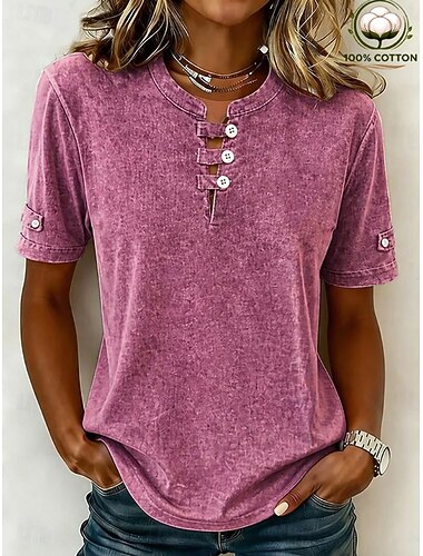  softfade™ dames henley shirt van 100% katoen, vintage mode, stijlvol, korte mouwen, lange top, casual, strand, blauw, roze, grijs, zomer, lente