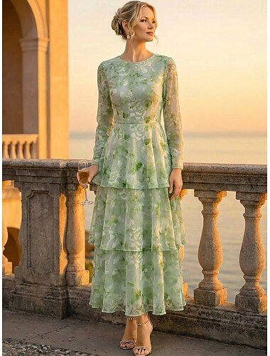  Corte A Vestidos Hasta el Tobillo Vestido de Fiesta Vestido Cóctel Vestido de Madrina Manga Larga Camiseta con cuello redondo Elegante Vintage Formal Invitado a la boda Festivos Gasa con Estampado