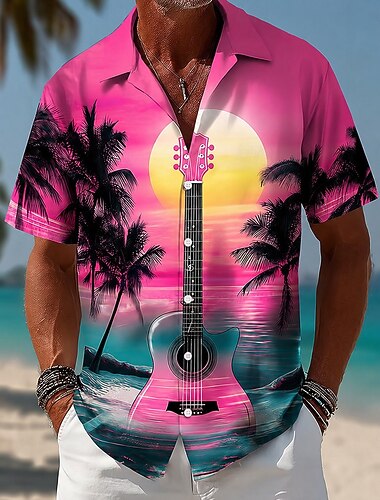  Homme Guitare Instrument de musique Cocotier Chemise Chemise à col cubain Chemises tropicales Manche Courte Hawaïen Vintage Rétro Festival de Musique Fête Été Printemps Chemise à col camp Impression